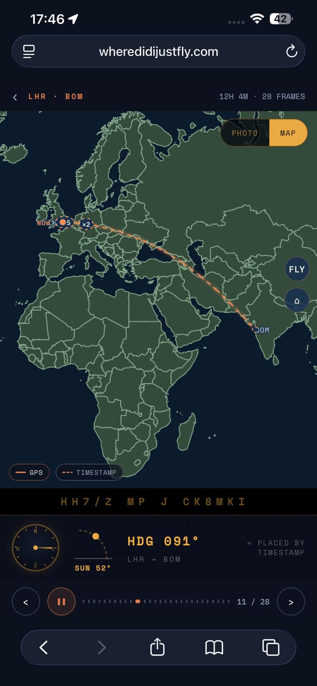The full-route MAP view, London to Mumbai, dashed where frames were placed by timestamp